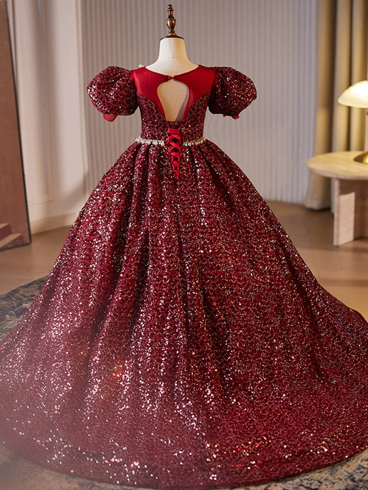 Burgundy Princess Scoop Floor Length Sequined Flower Girl Dress for Weddings, Pageants & Special Occasions – Elegant Formal Gown for Kids