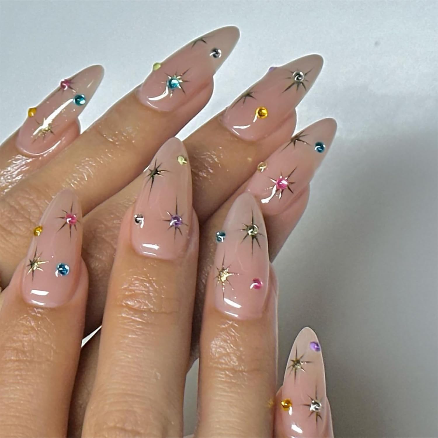 24 Pcs Medium Length Almond Press on Nails - Glossy Acrylic Fake Nails with Rhinestone Charms & Colorful Designs, Reusable Full Cover Stick on Nails for Women & Girls | Perfect for Parties, Weddings, Date Nights & Special Occasions
