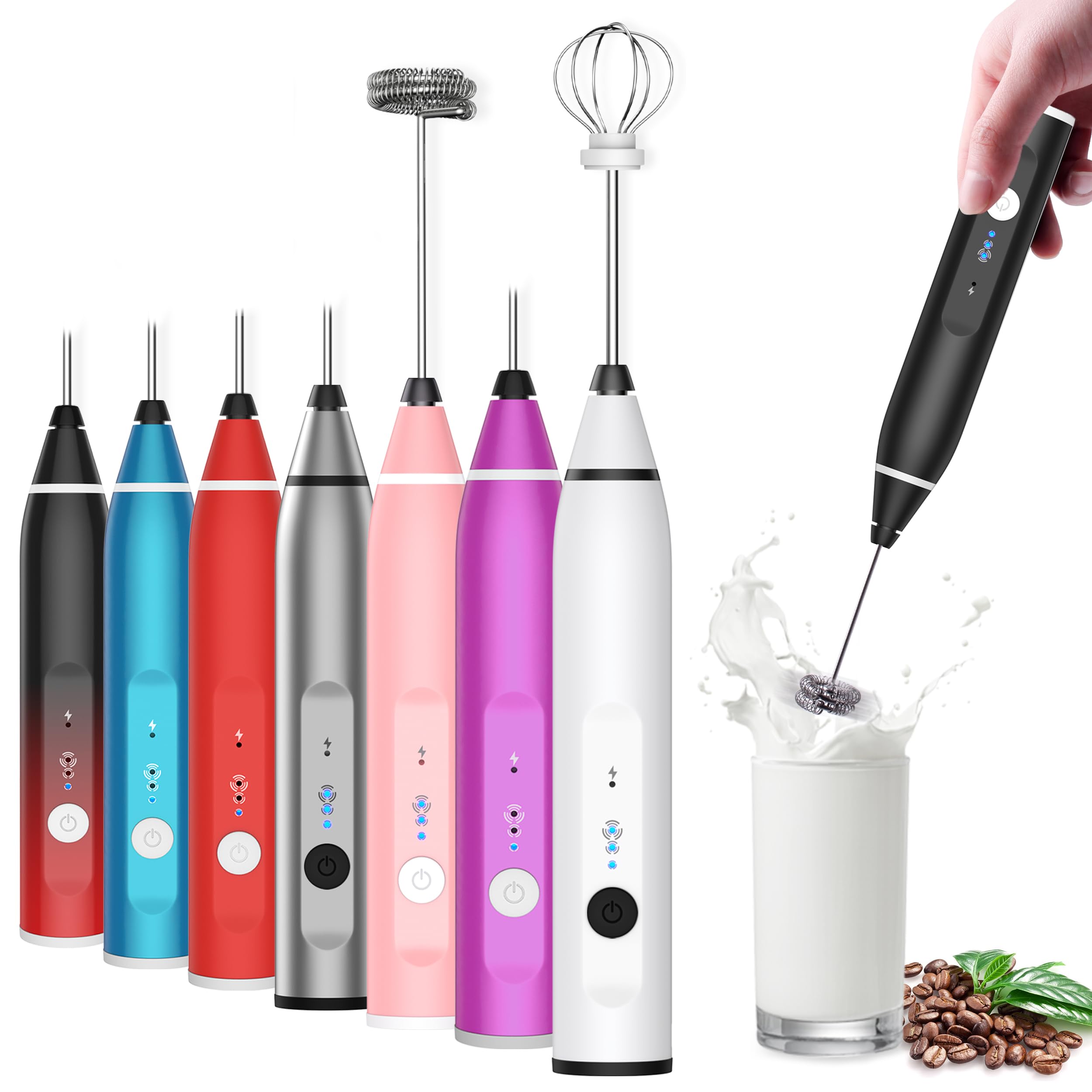 Rechargeable Handheld Electric Milk Frother - 3 Speed Adjustable with 2 Stainless Steel Whisk Attachments for Coffee, Matcha, Latte, Cappuccino & Hot Chocolate (Black) | Perfect for Home Baristas & Coffee Lovers
