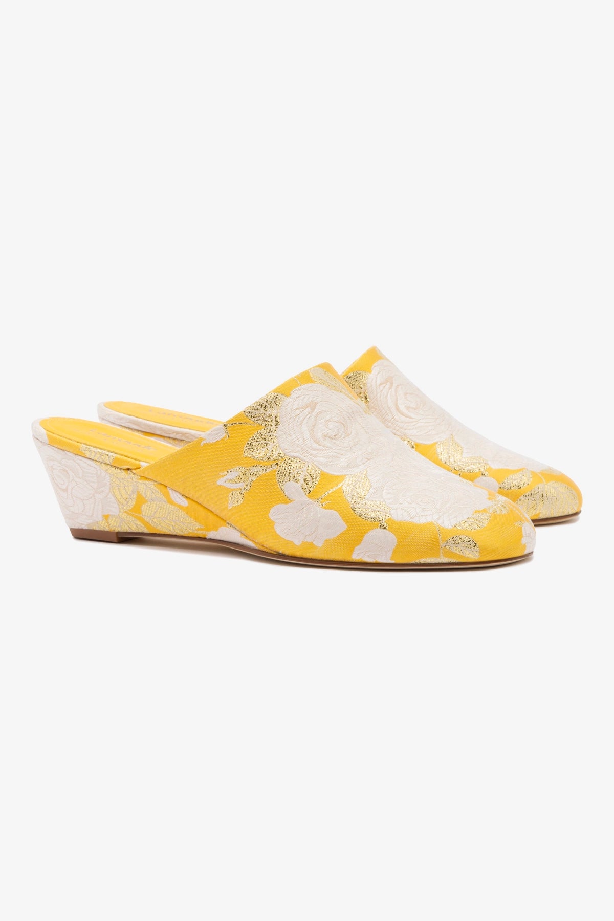 Larroudé x Markarian Venice Wedge Sandals - Yellow Floral Brocade Heels for Women | Summer Wedges for Beach, Wedding & Outdoor Events