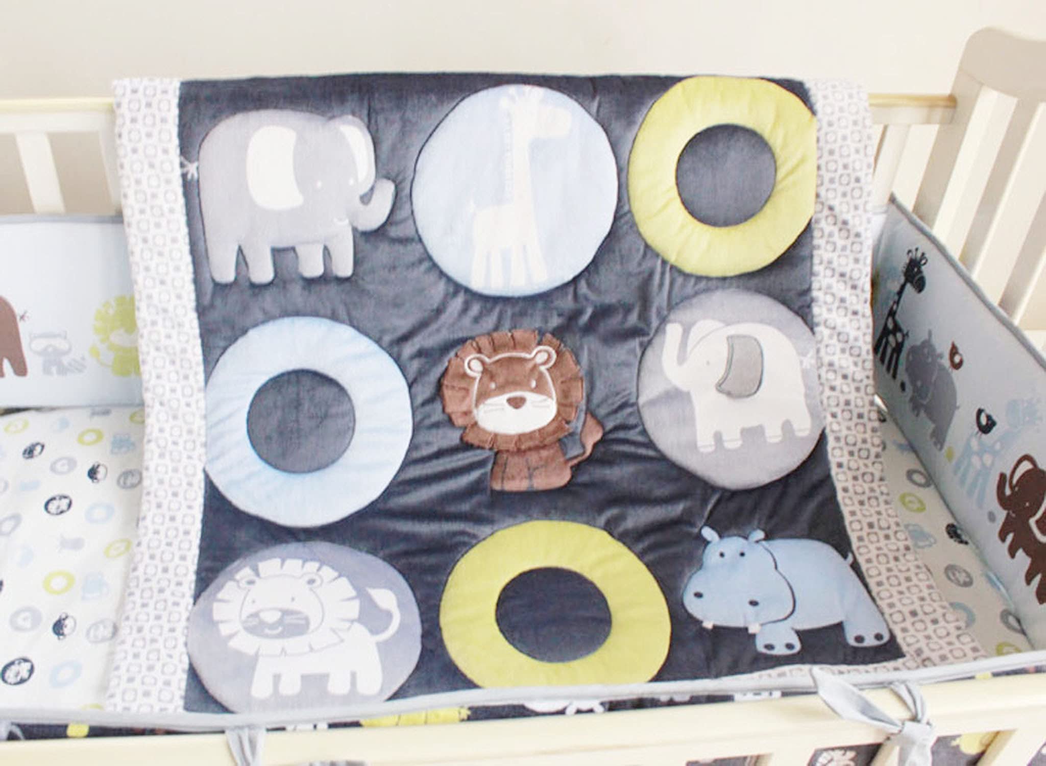 Navy Blue Animal Nursery Crib Bedding Set - 7 Piece Elephant, Lion, Giraffe & Hippo Design for Baby Boys | Soft & Safe Cotton Crib Sheets, Blanket & Decor for Wild Safari Themed Nursery