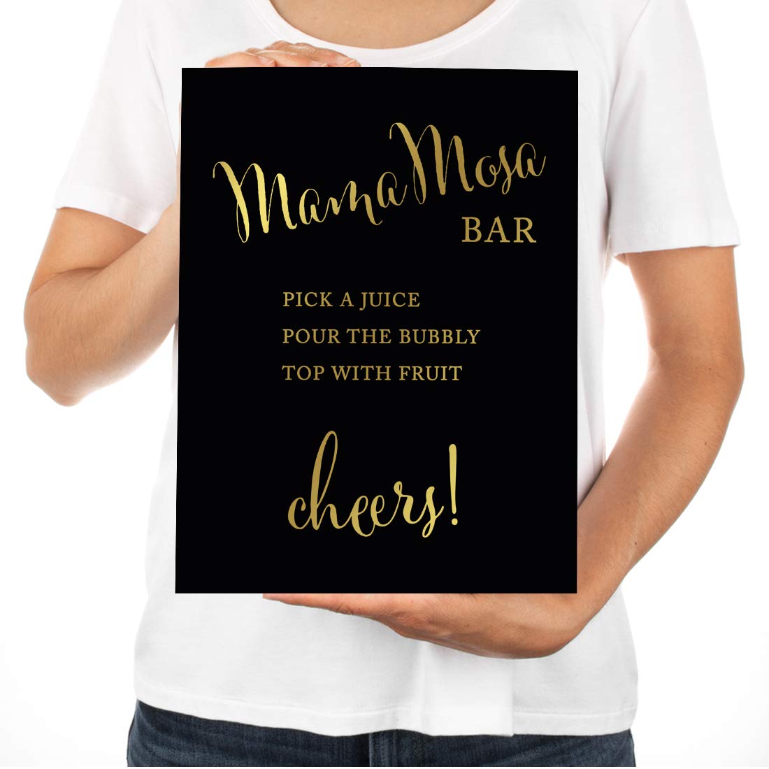 Baby Shower Party Signs - Black & Gold MamaMosas Mimosa Sign - 8.5x11 Inch Table Decor - Pick a Juice, Pour Champagne, Top with Fruit - Cheers Sign - 1 Pack Unframed - Perfect for Baby Showers, Bridal Showers & Brunch Parties