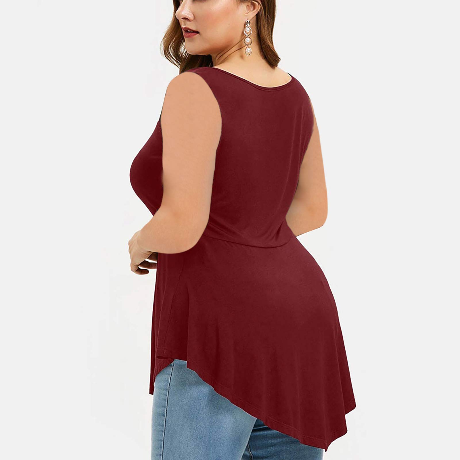 Floral Lace Plus Size Women's Sleeveless Blouse - Asymmetric O-Neck Tops for Casual Wear & Summer Outfits