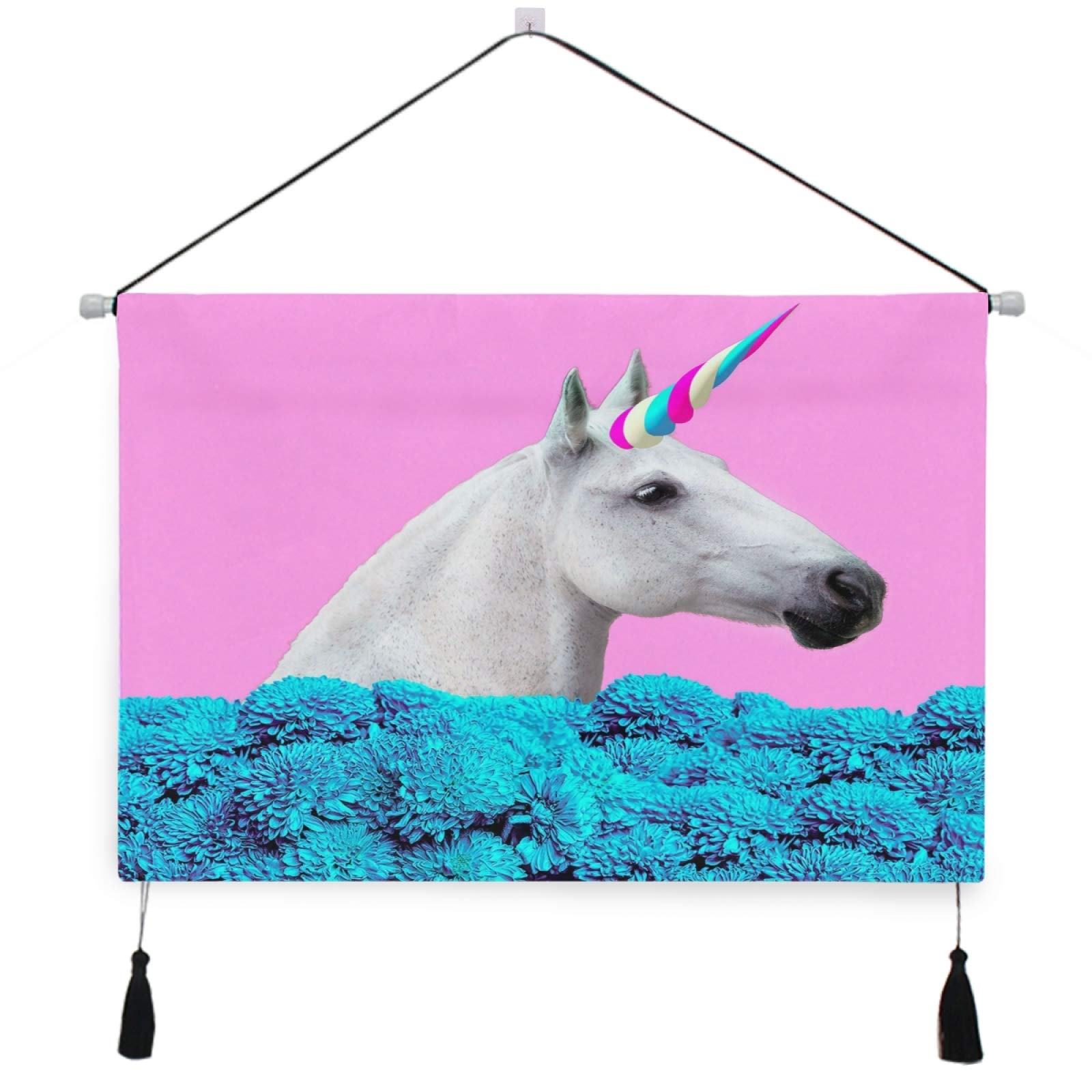 Unicorn Wall Art - Pink & Blue Floral Canvas Hanging Poster with Scroll Hangers (18x26 Inch) for Home, Office, Bedroom & Living Room Decor | Perfect for Girls' Room, Nursery & Gift Giving