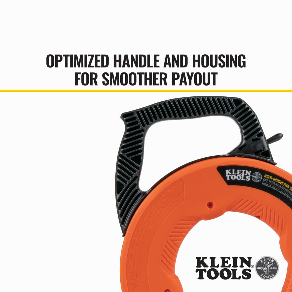 Klein Tools 56382 Non-Conductive 50-Foot Electrical Fish Tape - 3/16-Inch Multi-Groove Fiberglass Wire Puller with Optimized Housing & Handle for Electricians, DIY Home Wiring & Cable Installation