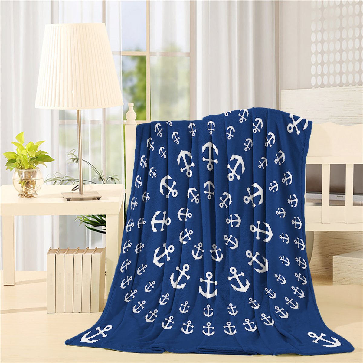 YOUNGKIDS Luxury Fleece Throw Blanket - Soft Plush Flannel Blanket for Couch, Bed & Chair - Nautical Navy Blue Anchor Mandala Design - 50x80 Inches - Perfect for Sofa Lounging, Bedroom Coziness & Home Decor