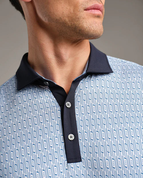 Rhone Men's Golf Sport Spread Collar Polo Shirt - Blue Stone/White Club Print - Moisture-Wicking Performance Shirt for Golf, Tennis & Casual Wear