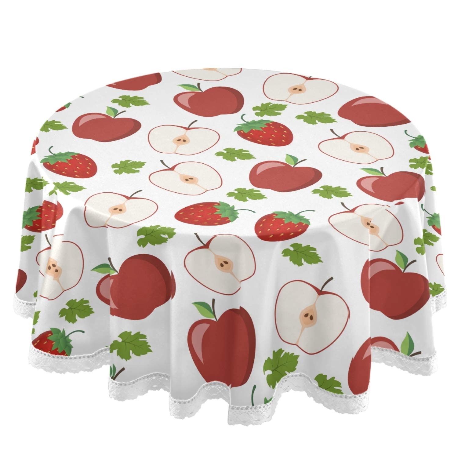 60 Inch Round Polyester Tablecloth with White Lace & Fruit Pattern - Green Leaf Strawberry Design for Party, Dinner Table Decor | Perfect for Wedding, Birthday Celebrations & Holiday Dining