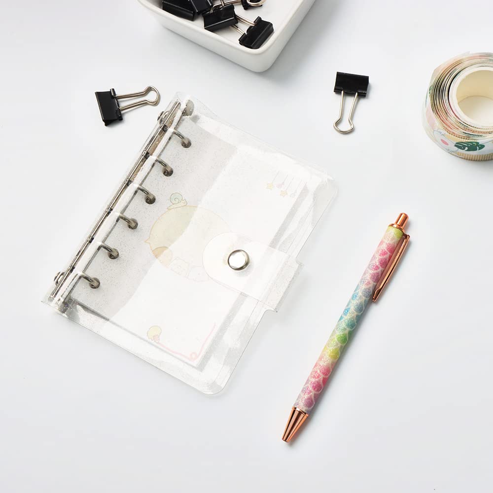 1PC Clear Glitter Binder Cover | 6-Ring Loose-Leaf PVC Folder | Soft A7 Notebook Binder with Snap Button Closure | Silver Round Ring Planner Cover for School, Office & Organization (Translucent Sparkle Design)