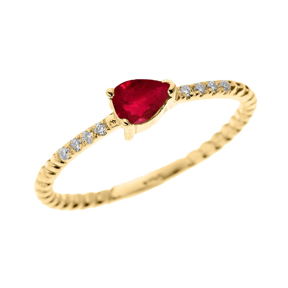 10K Yellow Gold Dainty Diamond and Pear-Shaped Ruby Rope Design Promise Ring for Women - Elegant Gift for Anniversary, Engagement, or Valentine's Day