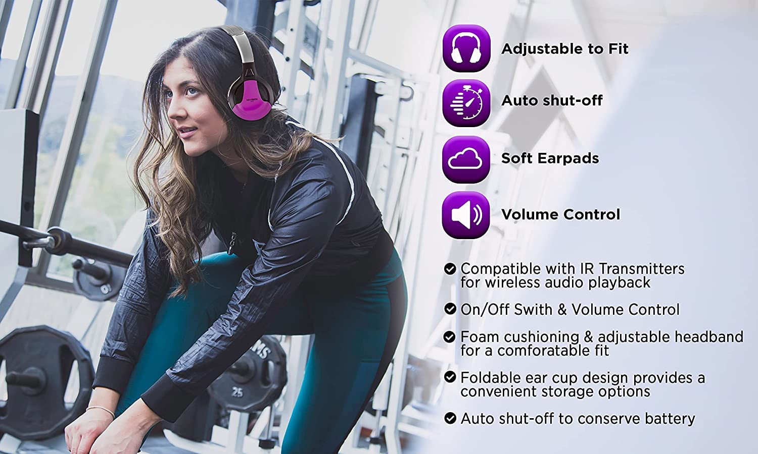 XO Vision IR630PR Universal IR Wireless Foldable Bluetooth Headphones - Purple Lightweight Portable Headset for iPhone, Android, Car & Kids | Perfect for Travel, Gaming & Car Entertainment Systems