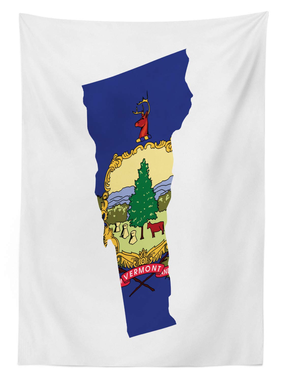 Vermont Outdoor Tablecloth - US State Map with Green Mountain Pine Tree & Waving Flag Design | Cow Freedom & Unity Theme | Washable Picnic Table Cover 58x120 Inches | Perfect for Backyard BBQs, Camping & Patriotic Parties