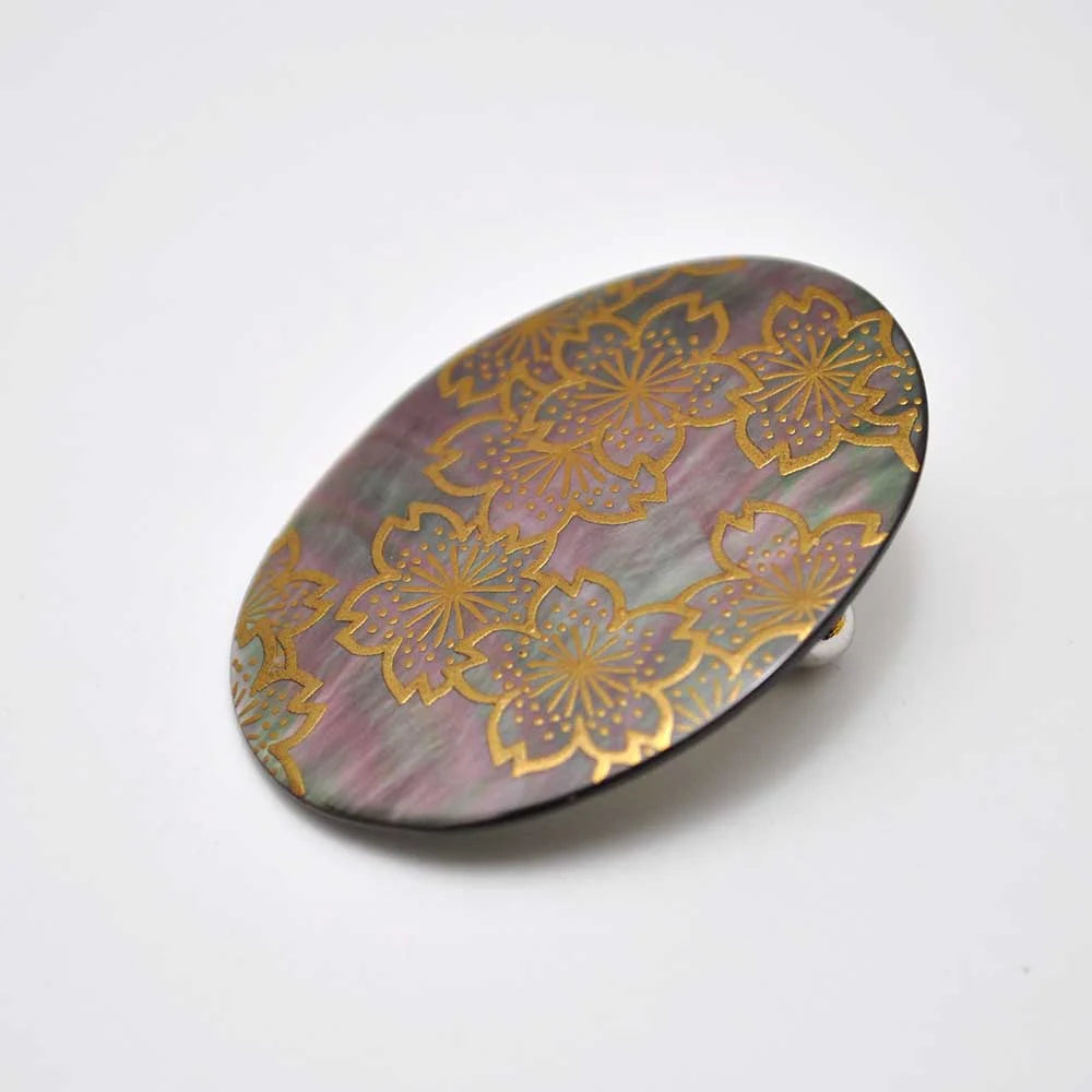 Handcrafted Japanese Maki-e Urushi Lacquer Brooch with Black Lip Oyster Pearl & Cherry Blossom Design - Traditional Artisan Jewelry for Women, Gift for Special Occasions, Wedding Accessories, and Cultural Fashion Statements