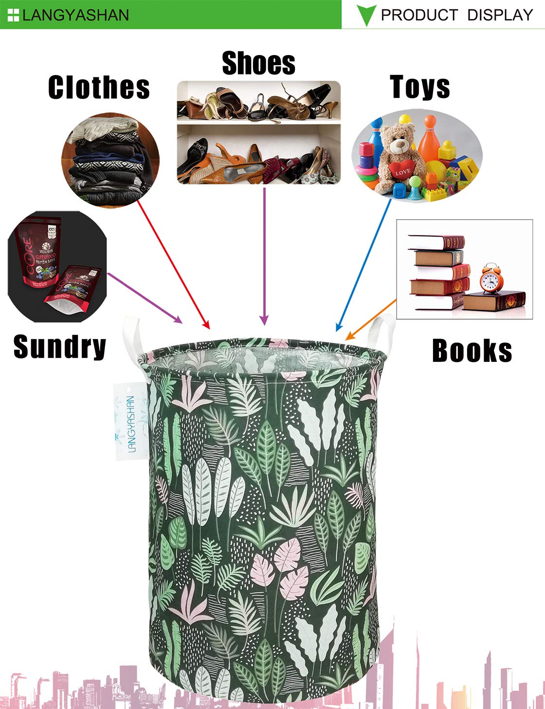 LANGYASHAN Collapsible Canvas Laundry Basket - Foldable Storage Organizer for Clothes, Toys & Gifts, Perfect for Bedroom, Nursery & Kids Room (Round Leaf Design) | Space-Saving Home Organization Solution