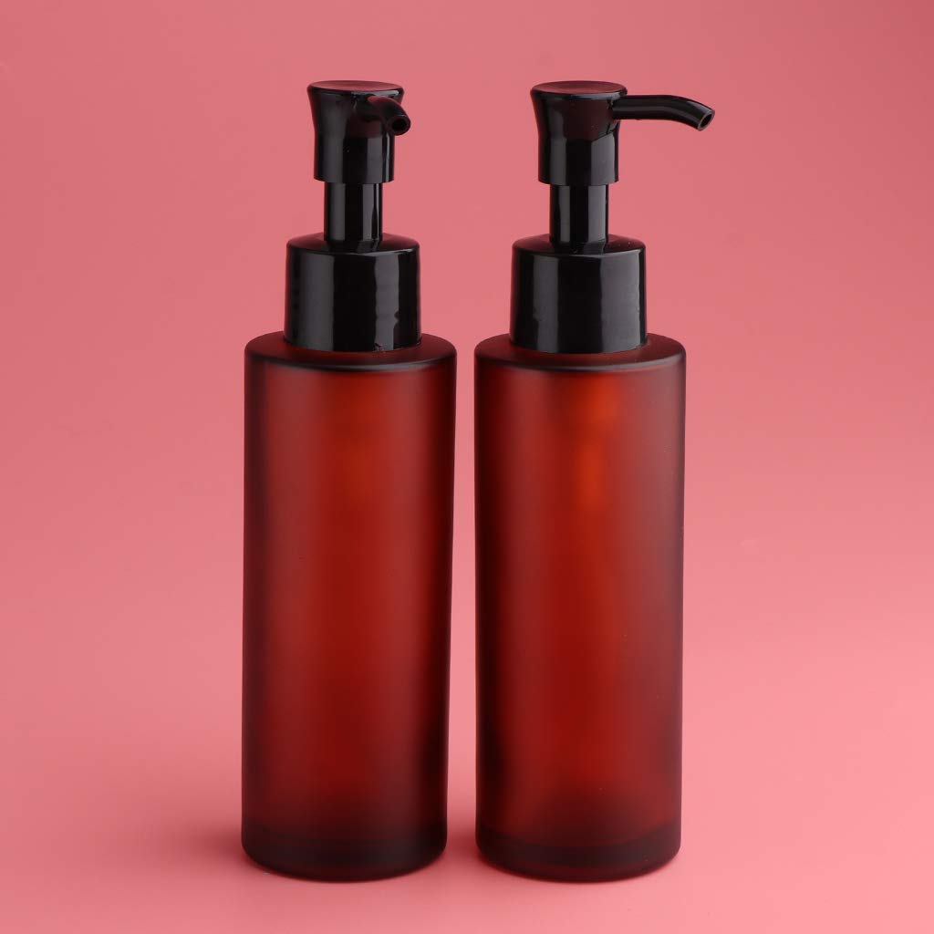 Freneci 2 Pack 100ml Amber Glass Cosmetic Pump Bottles with Long Tip Dispenser - Essential Oil, Lotion & Serum Containers for Travel, Bathroom & Salon Use