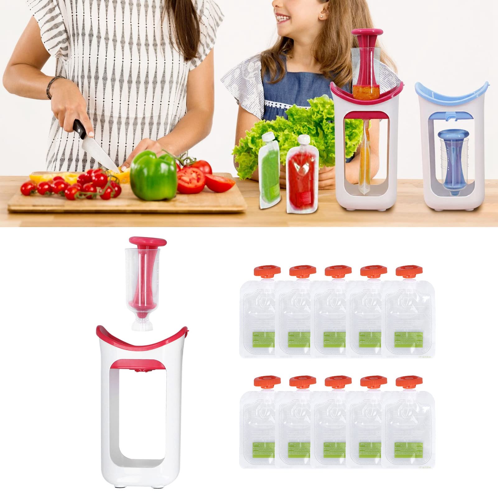 Reusable Baby Food Pouch Filler Station - Homemade Fruit Puree & Juice Squeezer with 10 BPA-Free Squeeze Bags for Infants & Toddlers (Red) | Perfect for Meal Prep, On-the-Go Snacks & Daycare Lunches