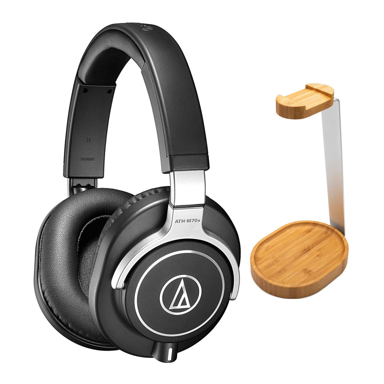 Audio-Technica ATH-M70x Professional Studio Monitor Headphones with Bamboo Wooden Headphone Stand Bundle - High-Fidelity Sound for Music Production, Recording & DJing (2-Piece Set)