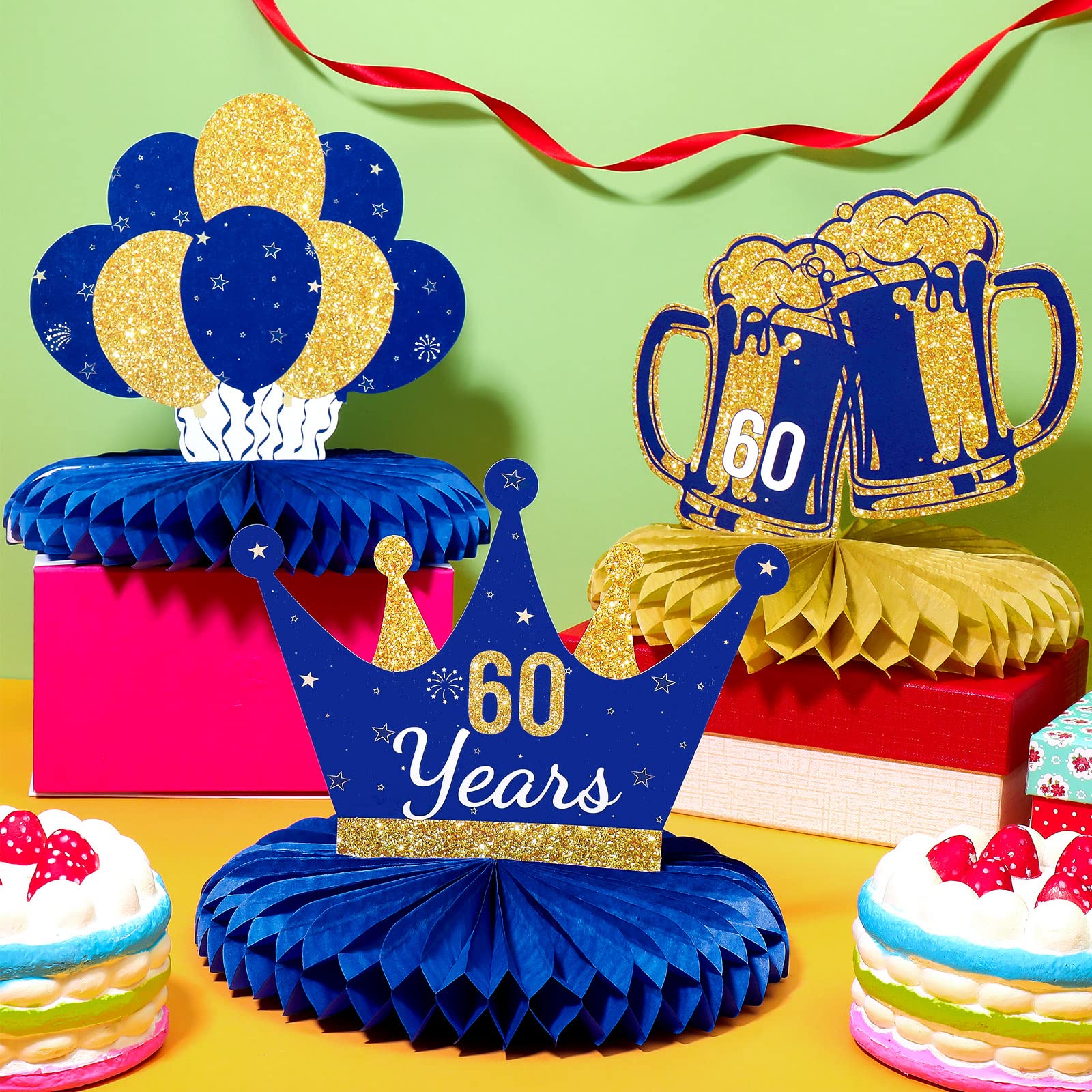 Spakon 8-Piece Gold & Blue 60th Birthday Table Centerpieces - Honeycomb Party Decorations for 60th Anniversary Celebrations - Perfect for Milestone Birthday Parties, Retirement Events & Golden Jubilee Decor