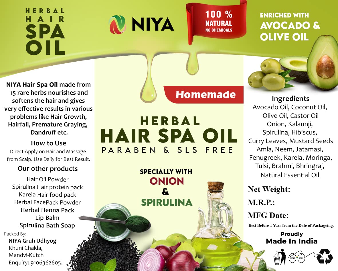Niya Natural's Herbal Hair Spa Oil with Onion & Spirulina - Hair Growth Treatment with Avocado & Olive Oil | Paraben Free, SLS Free, No Synthetic Fragrance | 100ml | For Damaged Hair Repair & Scalp Nourishment | Perfect for Daily Hair Care Routine & Spa Treatments