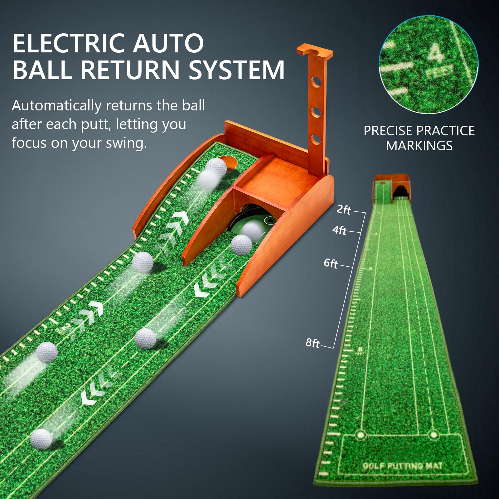 Premium Auto Ball Return Golf Putting Mat - Indoor Putting Green with Crystal Velvet Surface & Solid Wood Base - Perfect for Home, Backyard, Office Practice & Golf Gift Ideas