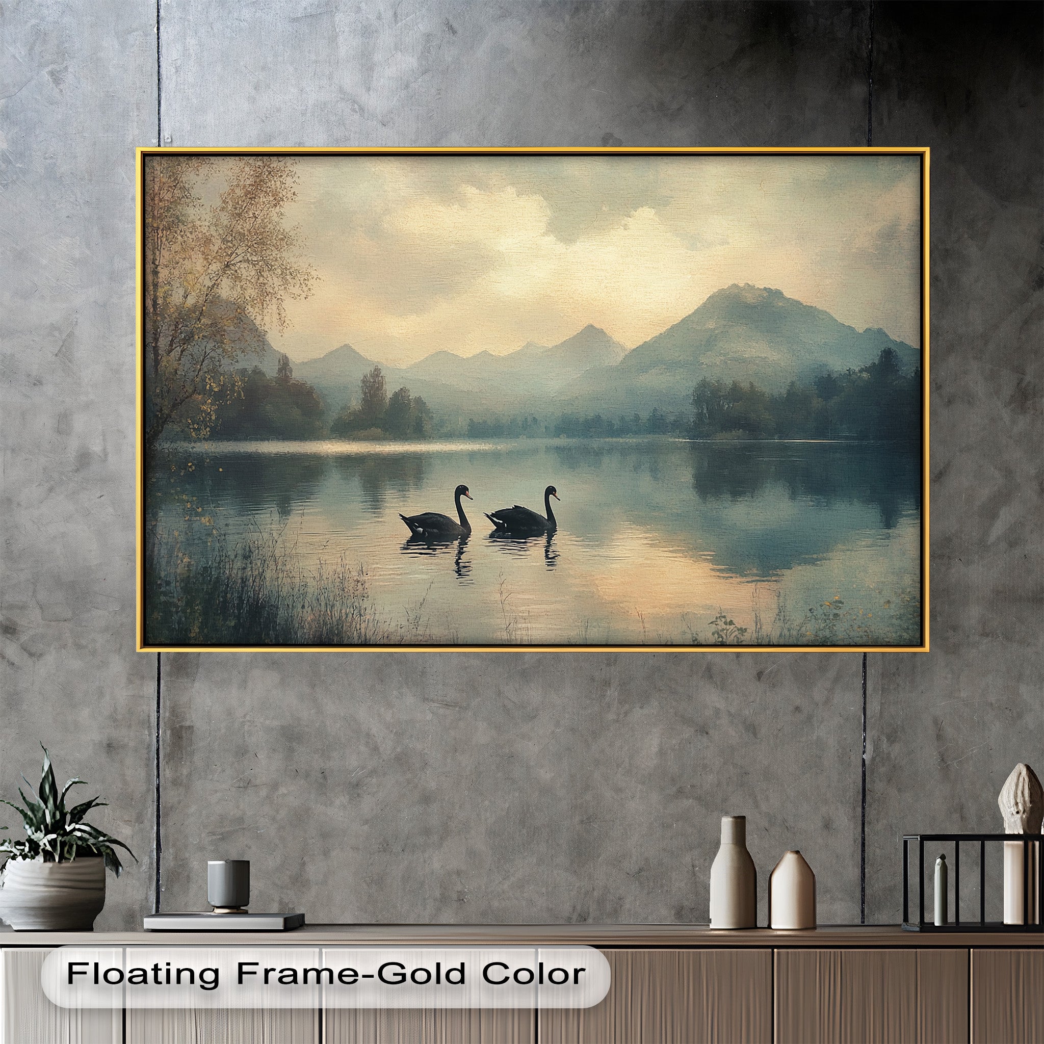 Black Swans on a Mountain Lake - Modern Oil Painting Wall Art for Living Room, Bedroom & Office Decor | Handmade Canvas Artwork | Nature Inspired Home Decoration