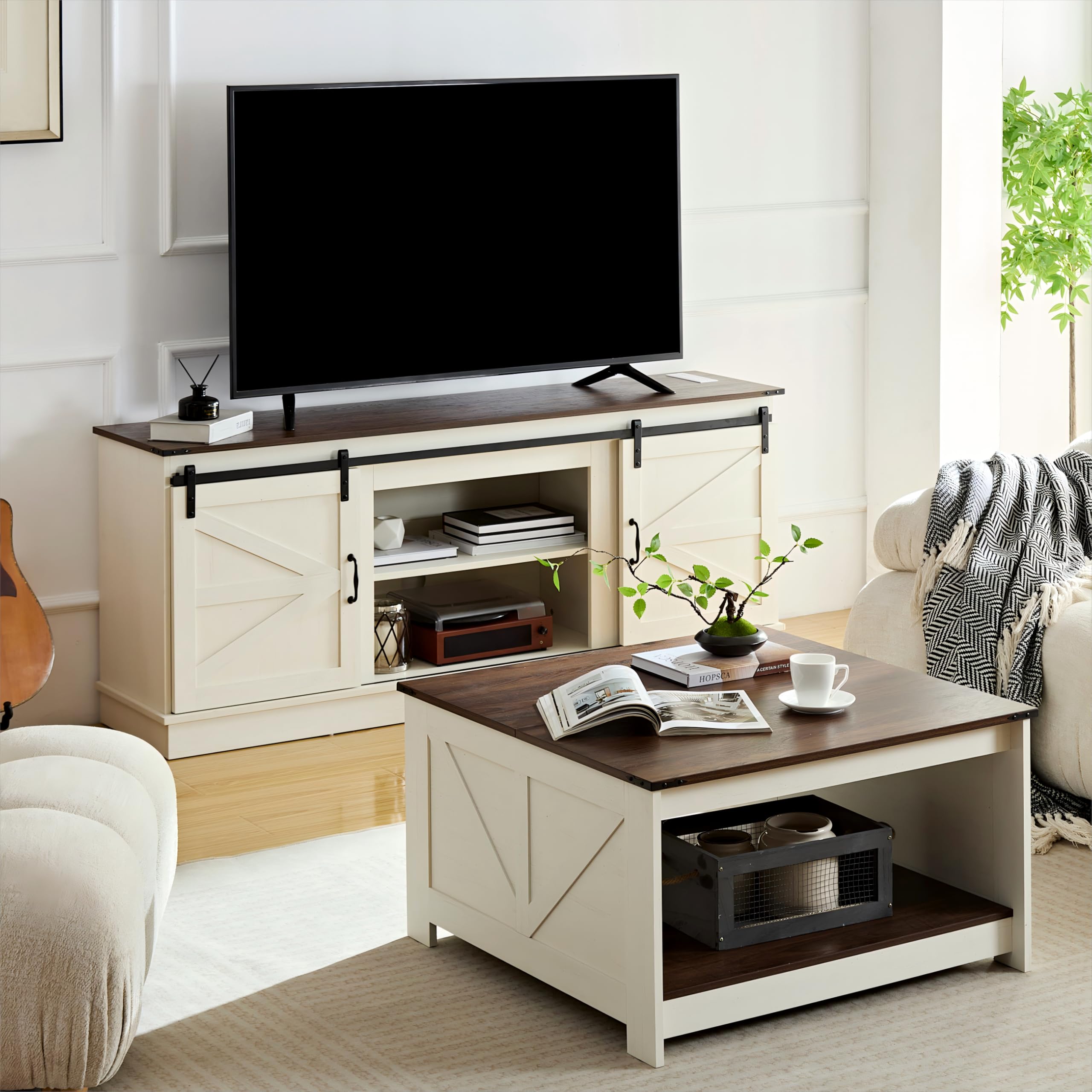 Farmhouse TV Stand and Coffee Table Set - 2 Piece Entertainment Center for 75 Inch TV with Built-in Power Outlet, Rustic Wood Square Coffee Tables for Living Room in Antique White - Perfect for Cozy Living Rooms, Home Theaters & Farmhouse Decor
