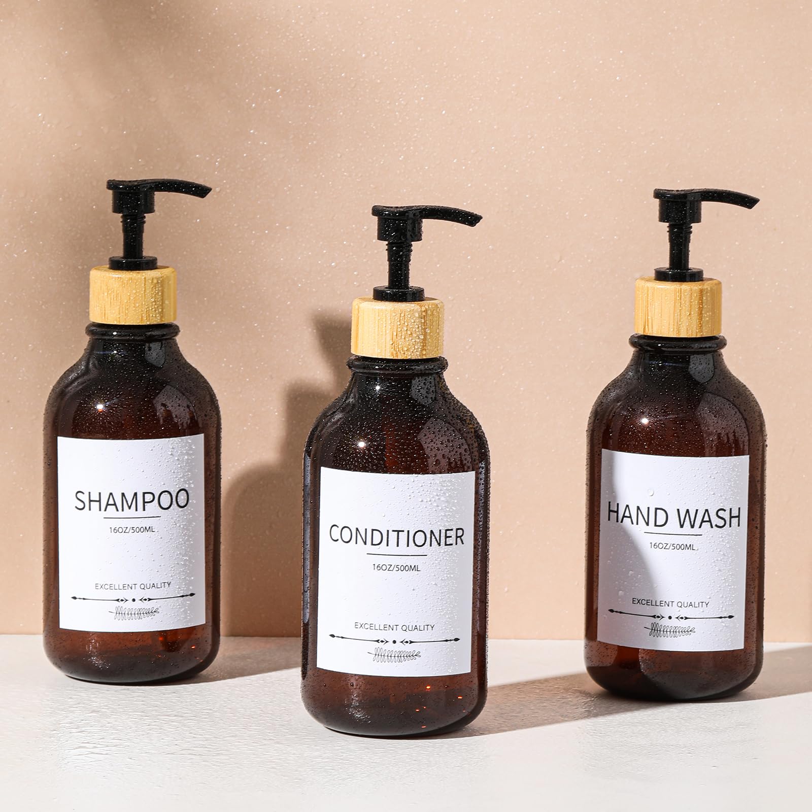 5-Pack Refillable Shampoo & Conditioner Dispenser Set - 16.9oz Amber Pump Bottles for Shower, Travel & Gym - Leakproof Bathroom Organizer for Hair Care Products