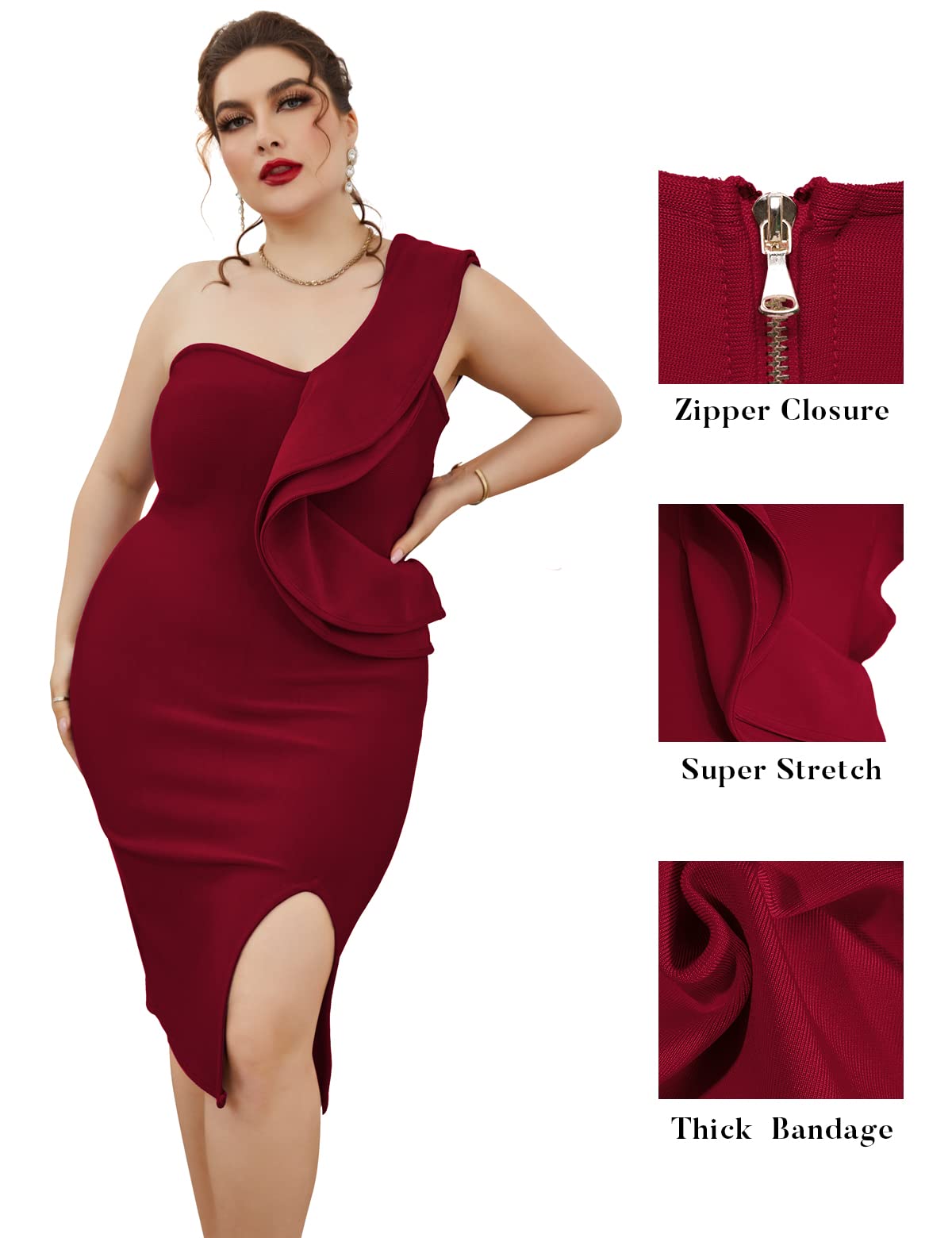 Elegant One Shoulder Ruffle Bodycon Dress with Side Split - Perfect for Wedding Guest, Cocktail Party & Special Occasions