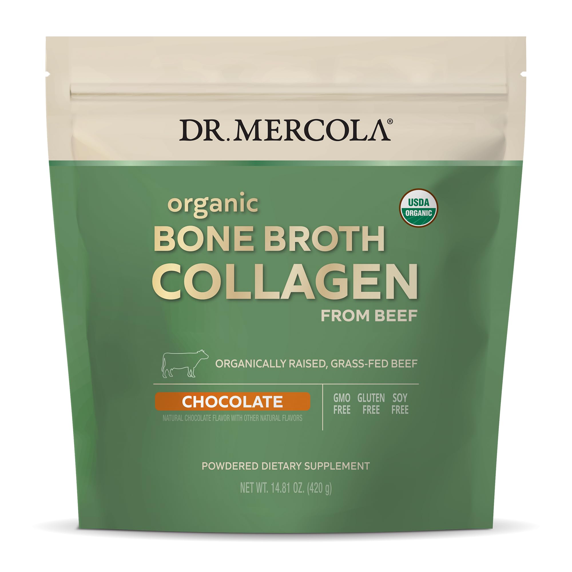 Dr. Mercola Organic Bone Broth Collagen Powder - Chocolate Flavor, 30 Servings (30 Scoops) | USDA Organic, Non-GMO Dietary Supplement for Bone & Joint Support | Perfect for Smoothies, Coffee & Post-Workout Recovery