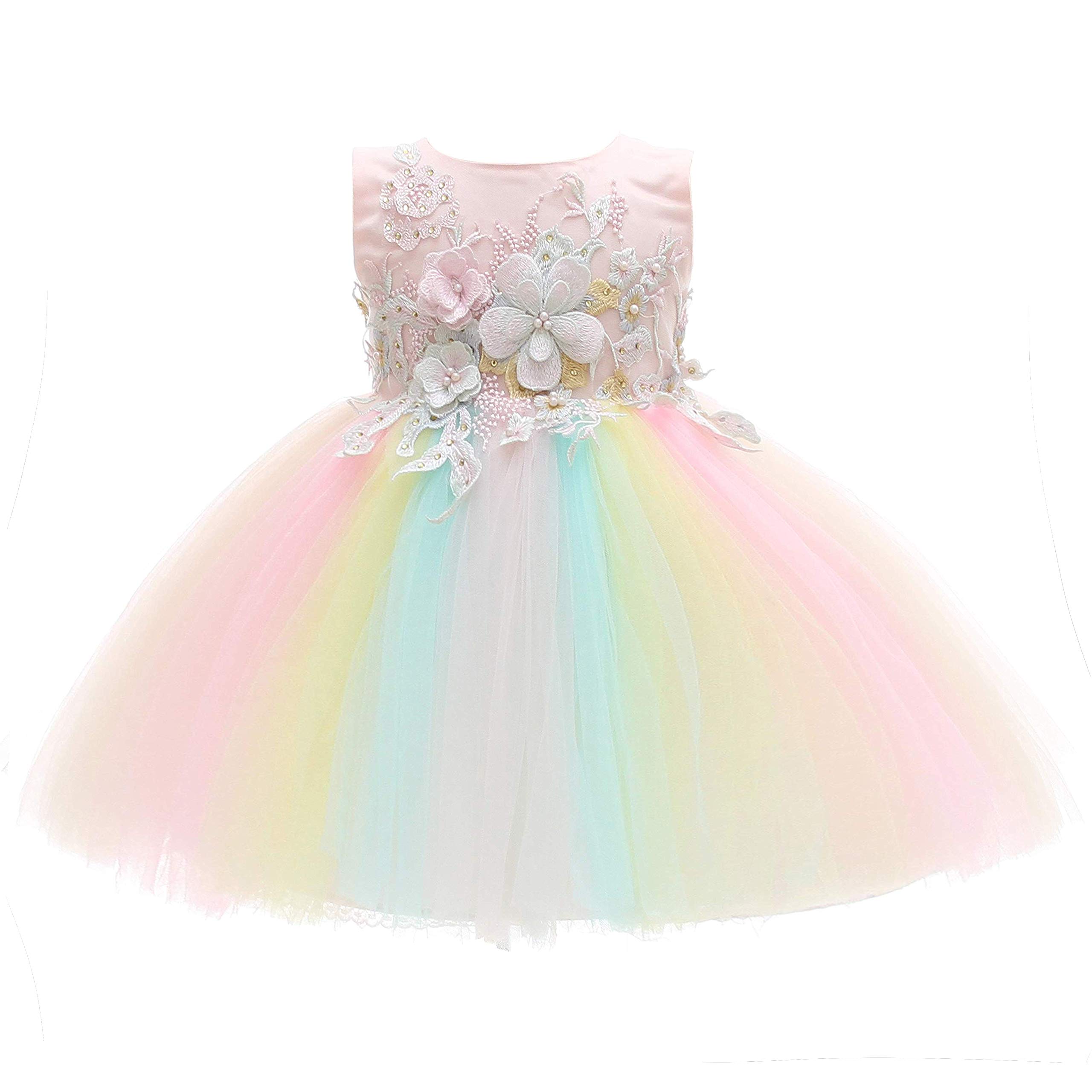 Weileenice Baby Girls Wedding Dress - Rainbow Tulle 3D Embroidery Beading Princess Tutu Dress for Flower Girls, Baptism, First Communion & Special Occasions