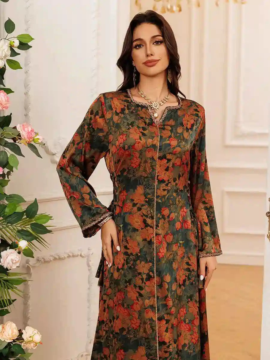Elegant Eid Printed Hotfix Rhinestone Caftan Dress for Women - Perfect for Celebrations, Parties & Special Occasions | Stunning Embellished Kaftan for Festive Events & Holiday Gatherings