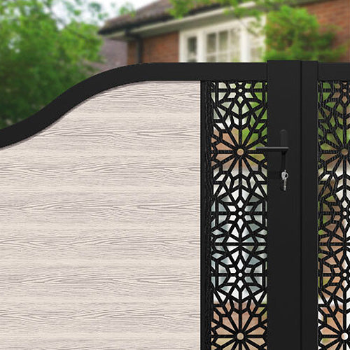 Classic Alnara Curved Top Driveway Gate with Mid Stone Design and Middle Screen - Elegant Home Entrance Solution for Driveway Security and Curb Appeal