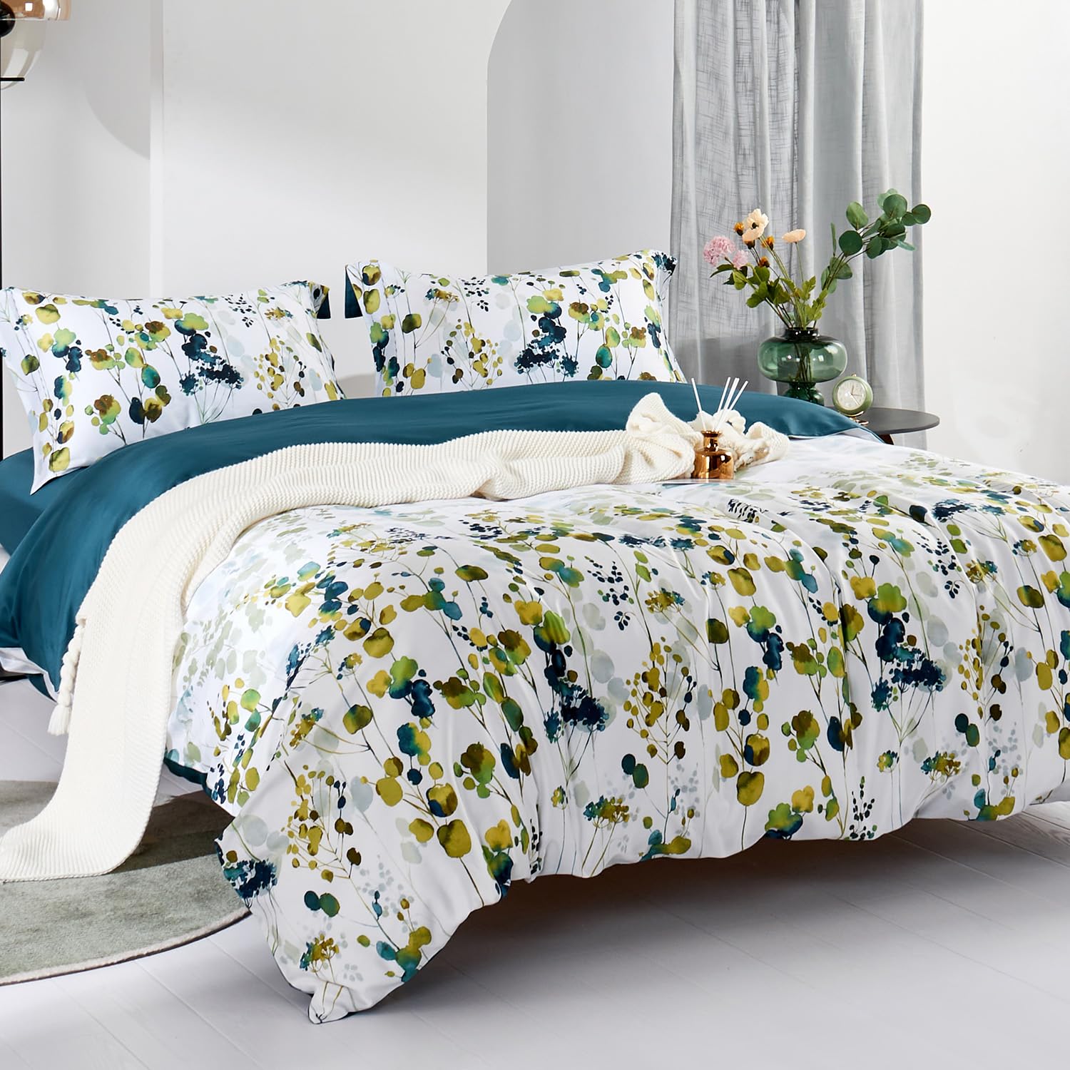 100% Long Staple Cotton 3-Piece Queen Duvet Cover Set - Ultra Soft Yellow Green Leaves Print Autumn Bedding | Cozy Fall Bedroom Decor for Guest Rooms & Master Suites