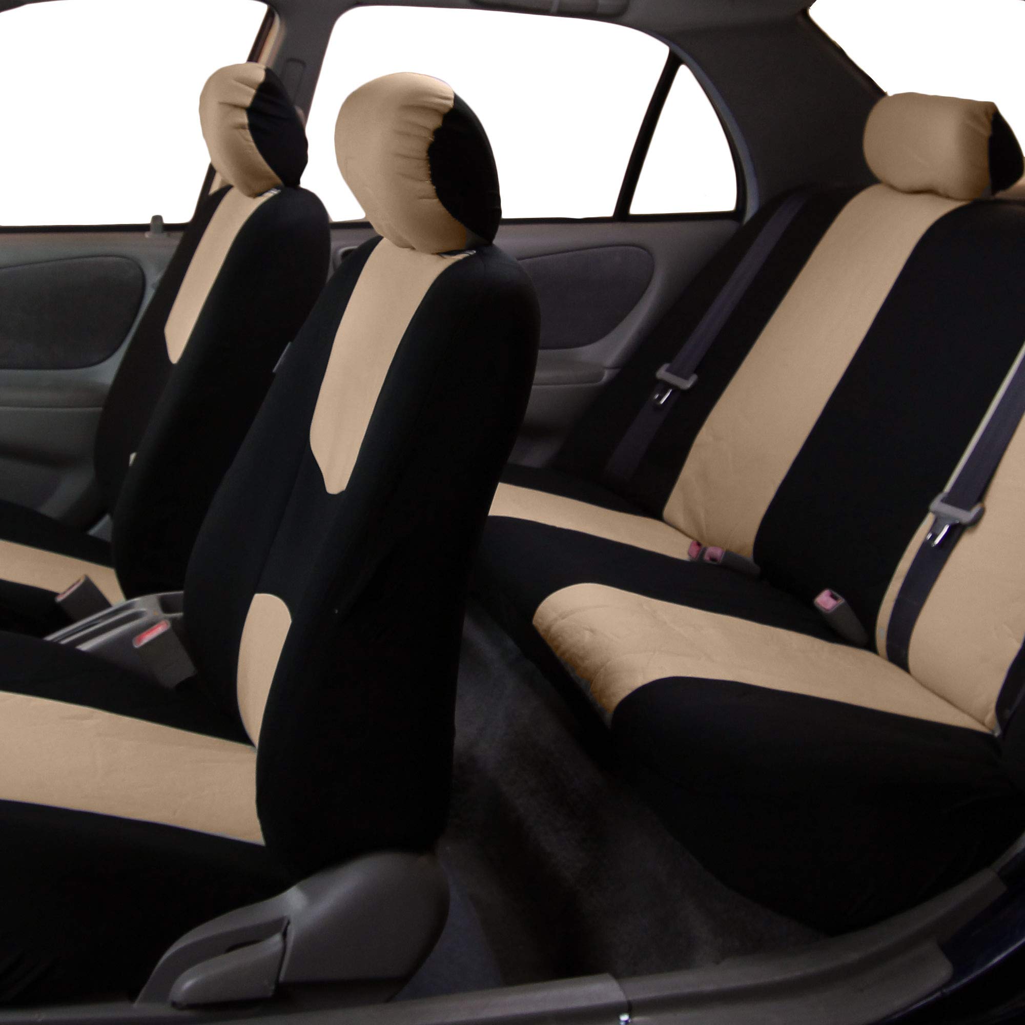 TLH Universal Fit 3-Row 8-Seater Beige Flat Cloth Car Seat Covers Set with Steering Wheel Cover & Seat Belt Pads - Durable Automotive Seat Protectors for Cars, Trucks & SUVs | Perfect for Family Road Trips, Daily Commuting & Vehicle Interior Protection