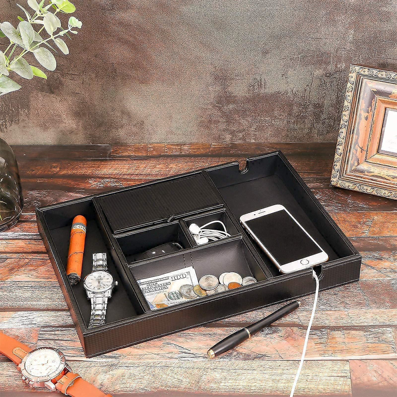 BEWISHOME Premium Leather Valet Tray for Men - Dresser Organizer, Nightstand Tray & Luxury Watch Box Set - Perfect for Jewelry, Keys, Wallet Storage - Ideal Gift for Men's Bedroom & Office Decor