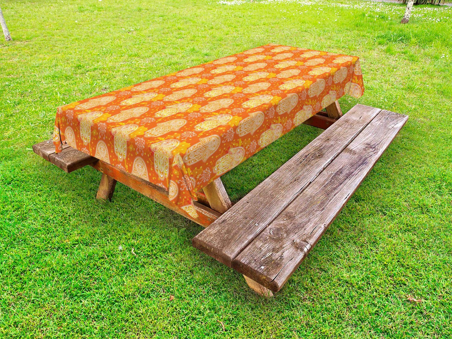 Ambesonne Oriental Outdoor Tablecloth - Folk Hand Motif Mystic Hippie Design, Washable Decorative Picnic Table Cover 58