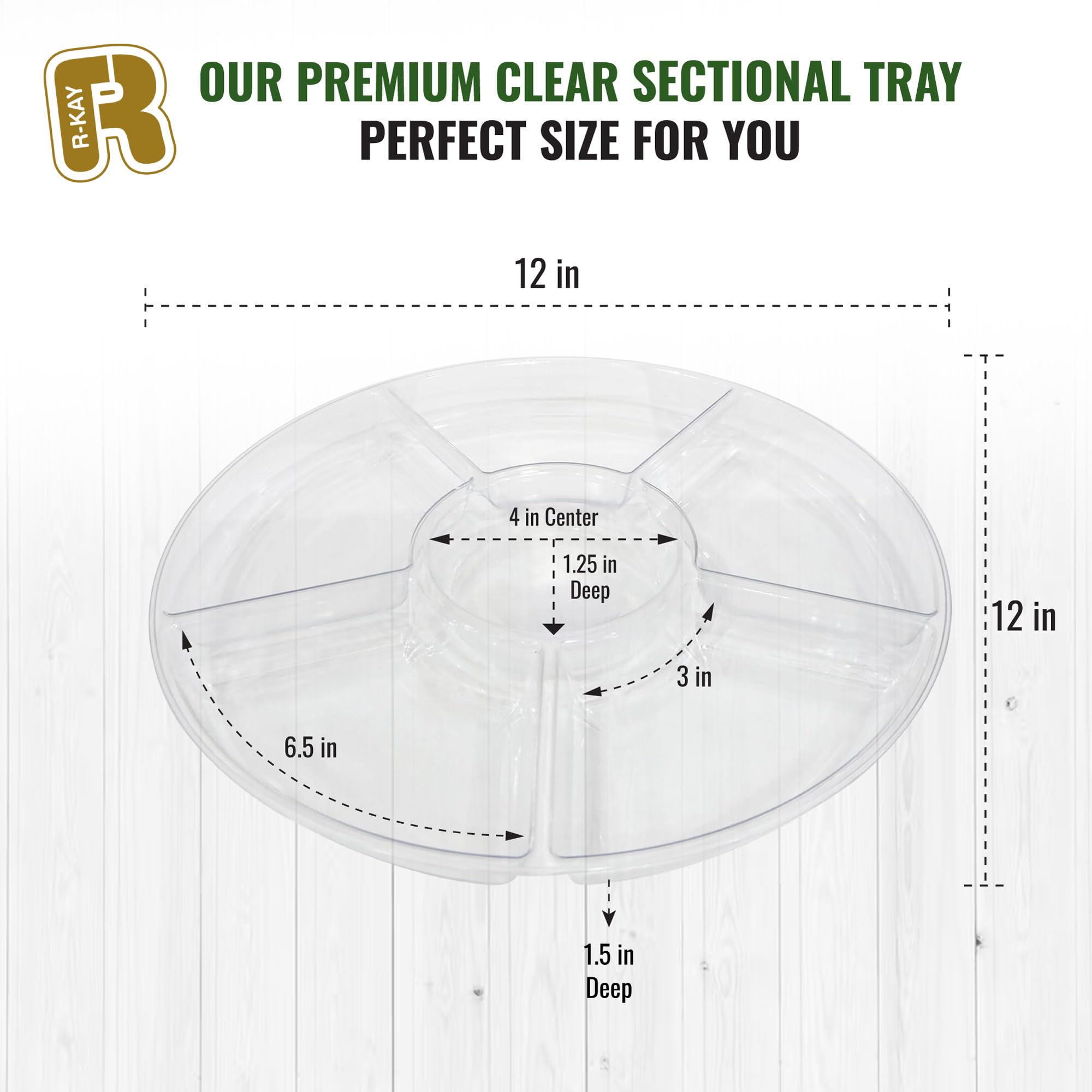 R-kay 4 Pack 12-Inch Clear Plastic Serving Trays with 6 Dividers - Heavy Duty Party Food Platters for Veggies, Appetizers & Snacks - Perfect for Buffets, BBQs, Picnics & Holiday Gatherings