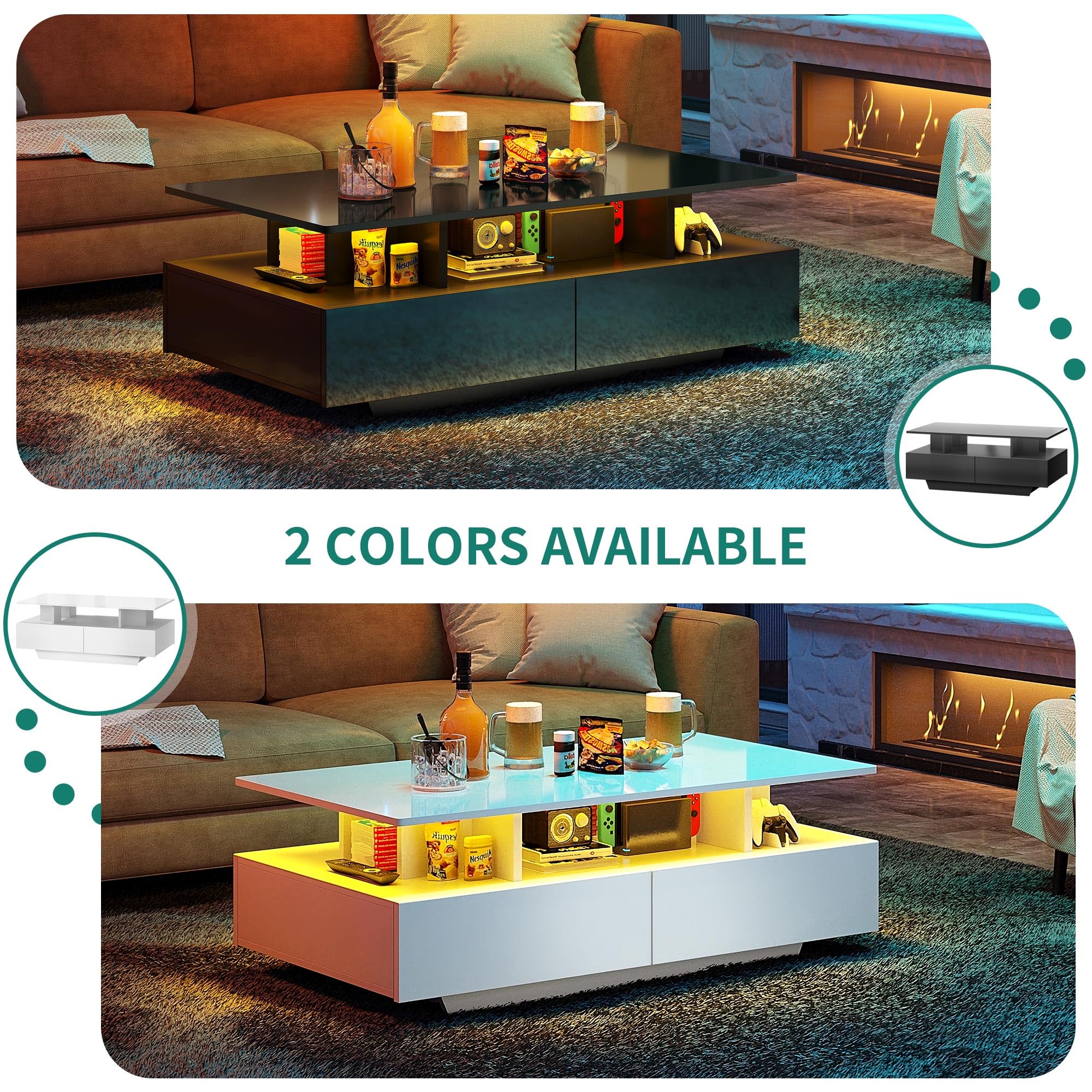 YITAHOME Modern LED Coffee Table with Storage - High Glossy Living Room Center Table with Open Display Shelf & Sliding Drawers - Black End Table for Small Spaces - Perfect for Entertaining, Movie Nights & Cozy Home Decor