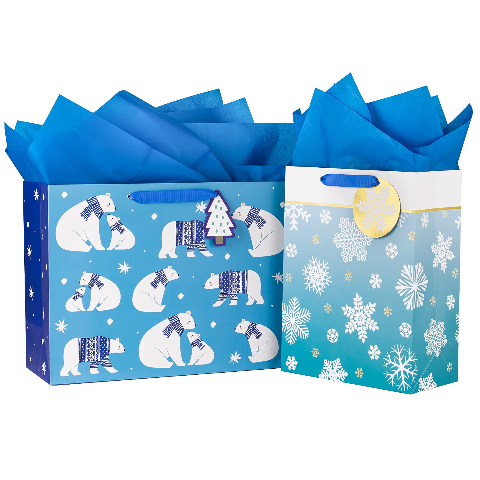MAYPLUSS Christmas Gift Bags Set - 2 Pack Blue Bear Holiday Gift Bags for Christmas, Birthday, Party Favors, Wedding Presents - Perfect for Festive Wrapping & Gift Giving