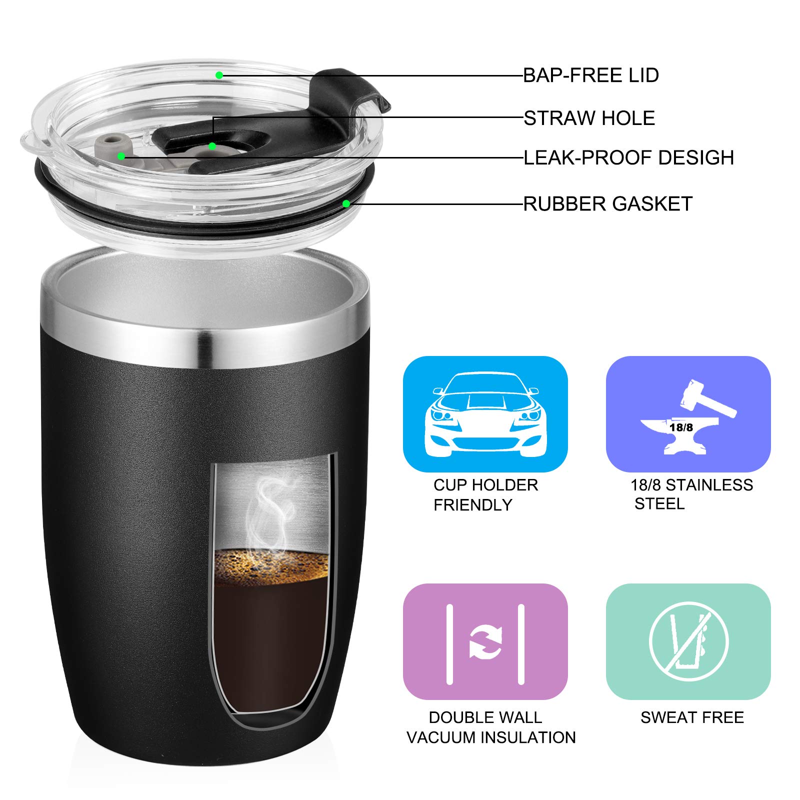 VEGOND 12 oz Stainless Steel Vacuum Insulated Double Wall Travel Tumbler with Lid & Straw - 6 Pack Black - Reusable Coffee Cup for Office, Gym, Camping & Outdoor Activities