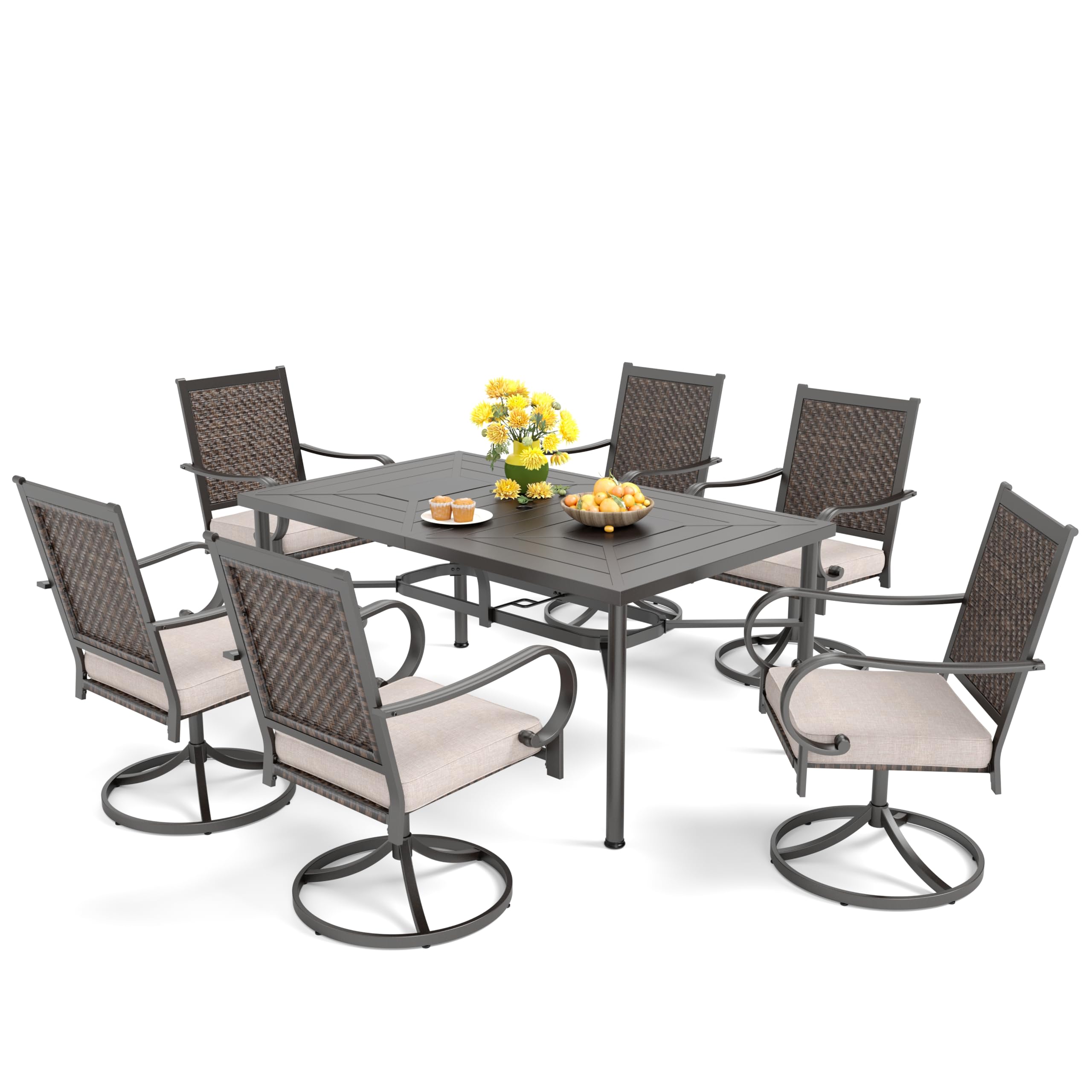 MFSTUDIO 7-Piece Outdoor Patio Dining Set - Rectangular Metal Table with 6 Rattan Swivel Chairs & 1.75
