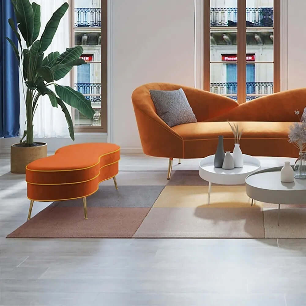 Modern Orange Velvet Upholstered Bench with Gold Legs - Stylish Ottoman for Living Room, Bedroom or Entryway Seating