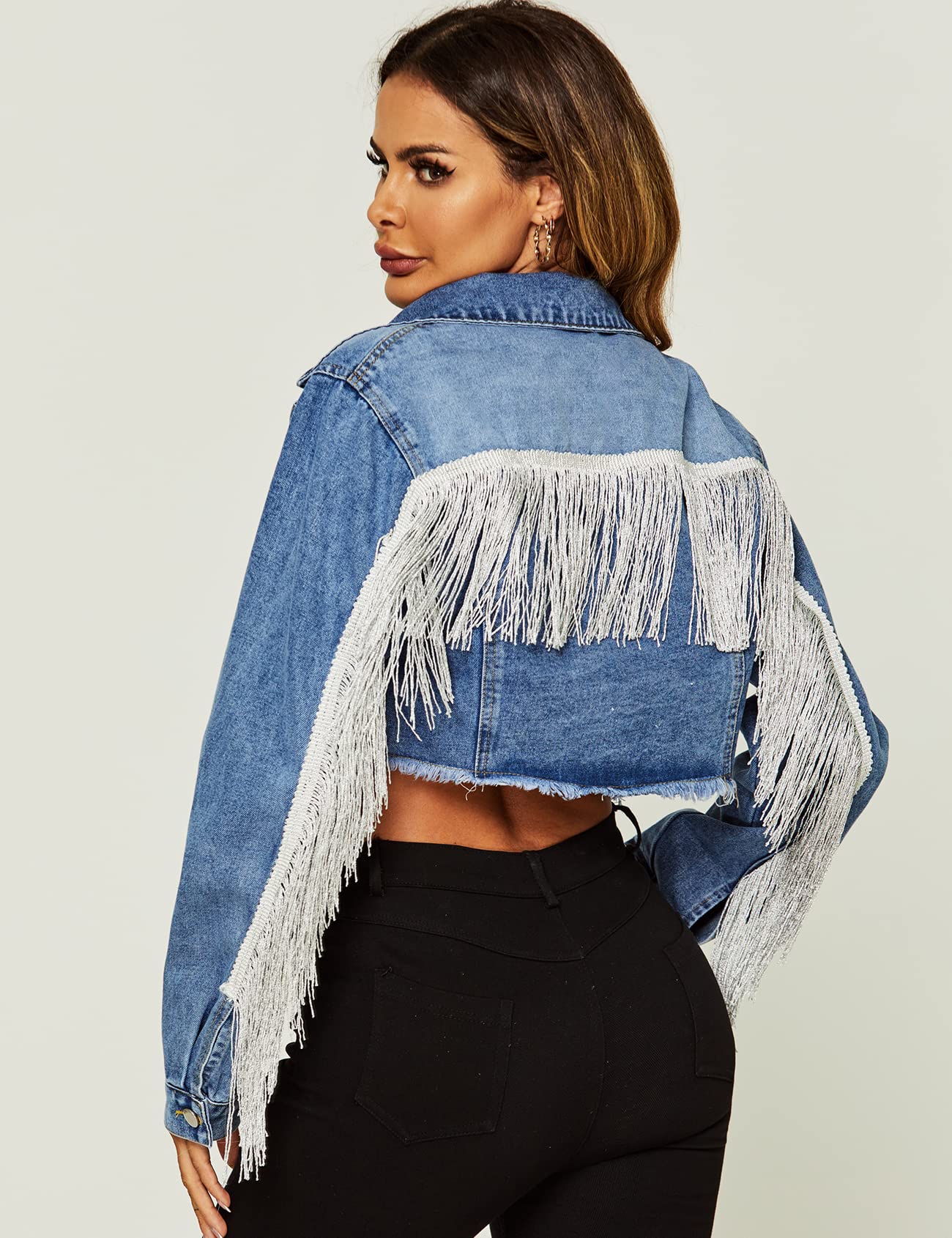 Flygo Women's Fringe Denim Jacket - Button Down Raw Hem Tassel Crop Jacket for Women | Casual Outfit, Street Style, Spring & Fall Fashion