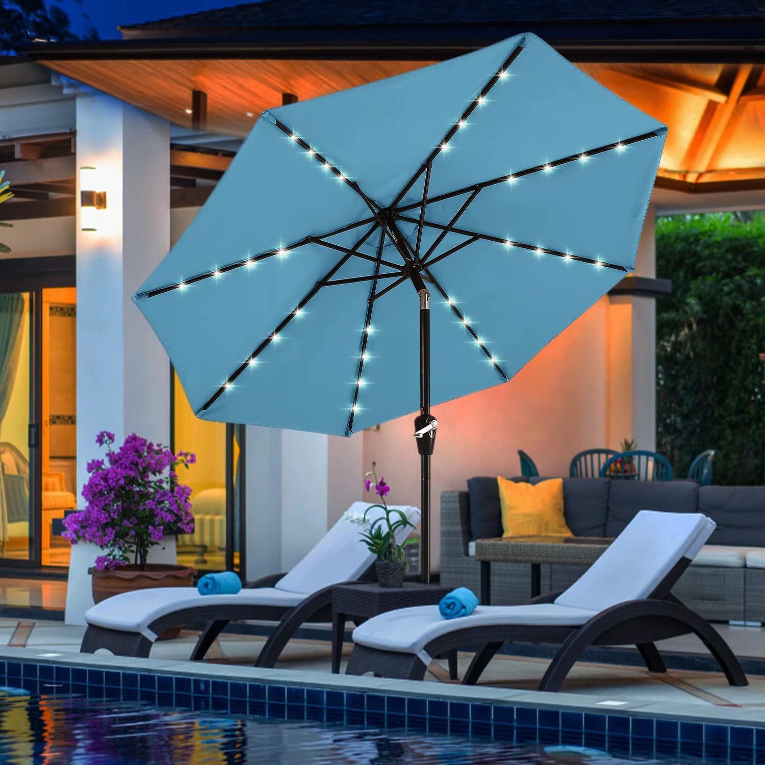 ABCCANOPY 11FT Solar LED Patio Umbrella with 32 LED Lights - Durable Outdoor Shade Umbrella for Garden, Poolside & Backyard (Turquoise) | Weather-Resistant & Energy Efficient for Patio, Deck & Outdoor Dining