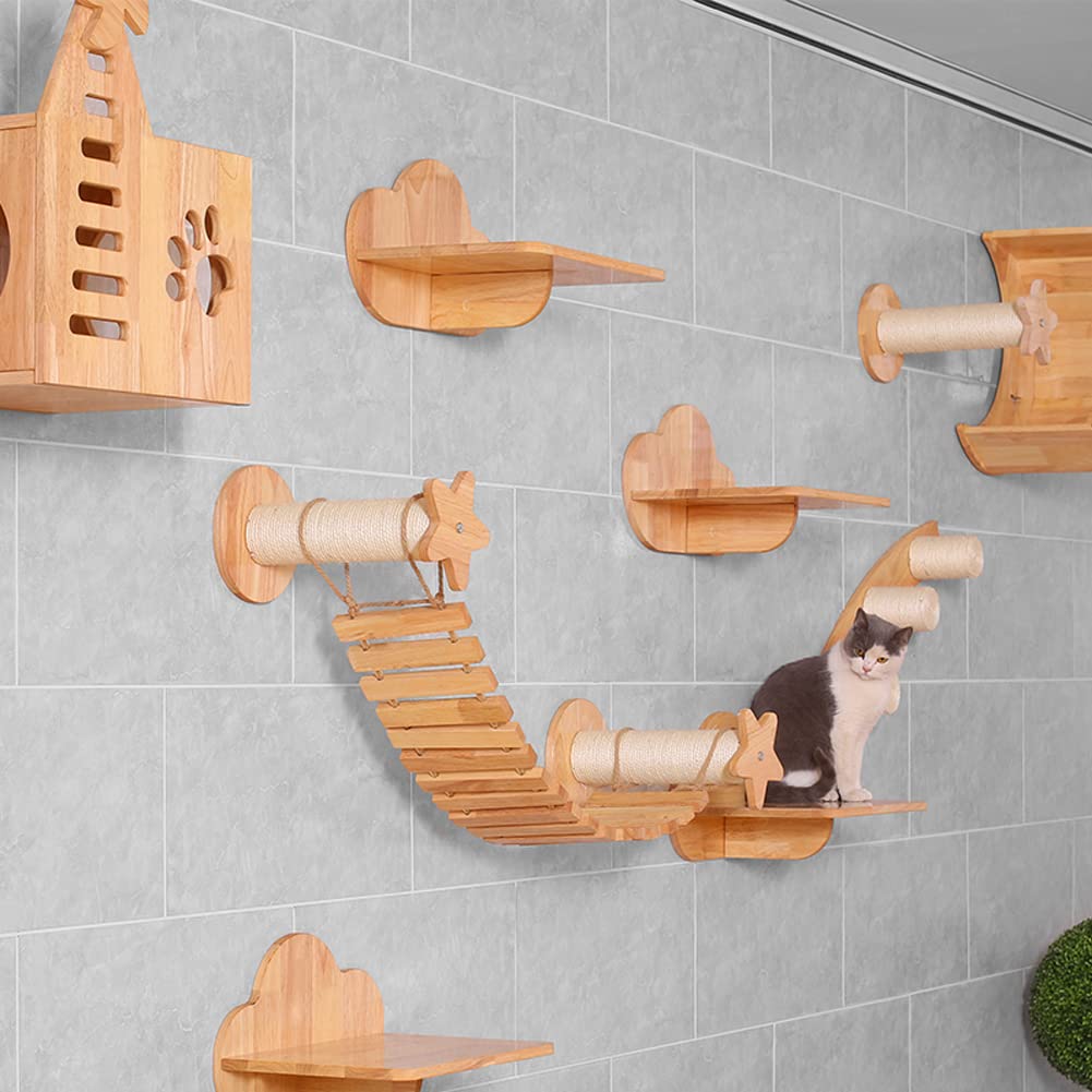 Hexagon Wall Mounted Cat Bed - Floating Wooden Cat Shelf & Perch for Climbing, Lounging & Play - Modern Cat Activity Tree, Shelter & Condo for Indoor Cats - Perfect for Small Spaces & Cat Enrichment