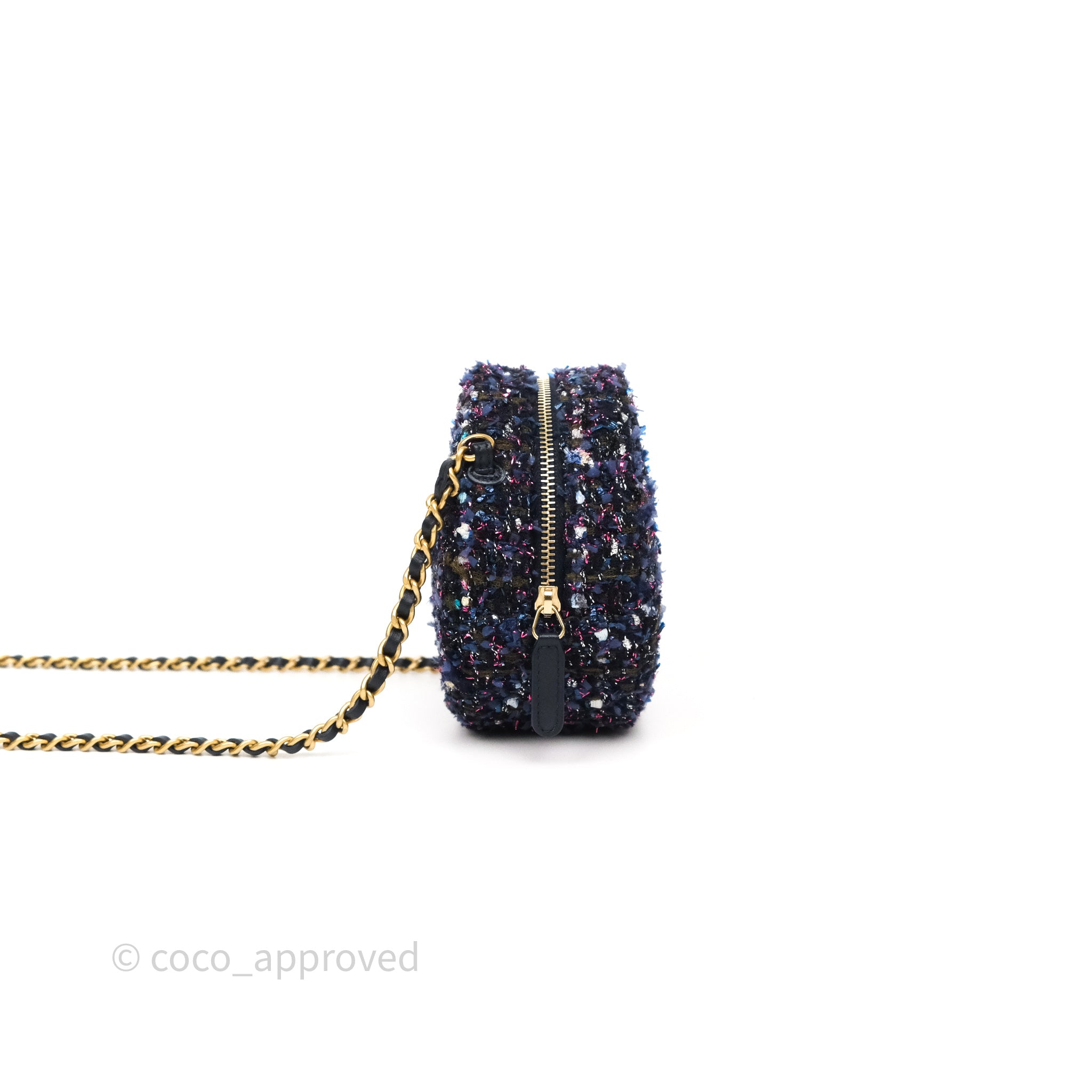 Chanel Navy Purple Tweed Round Clutch Bag with Chain & Aged Gold Hardware - Elegant Evening Clutch for Parties, Weddings & Special Events