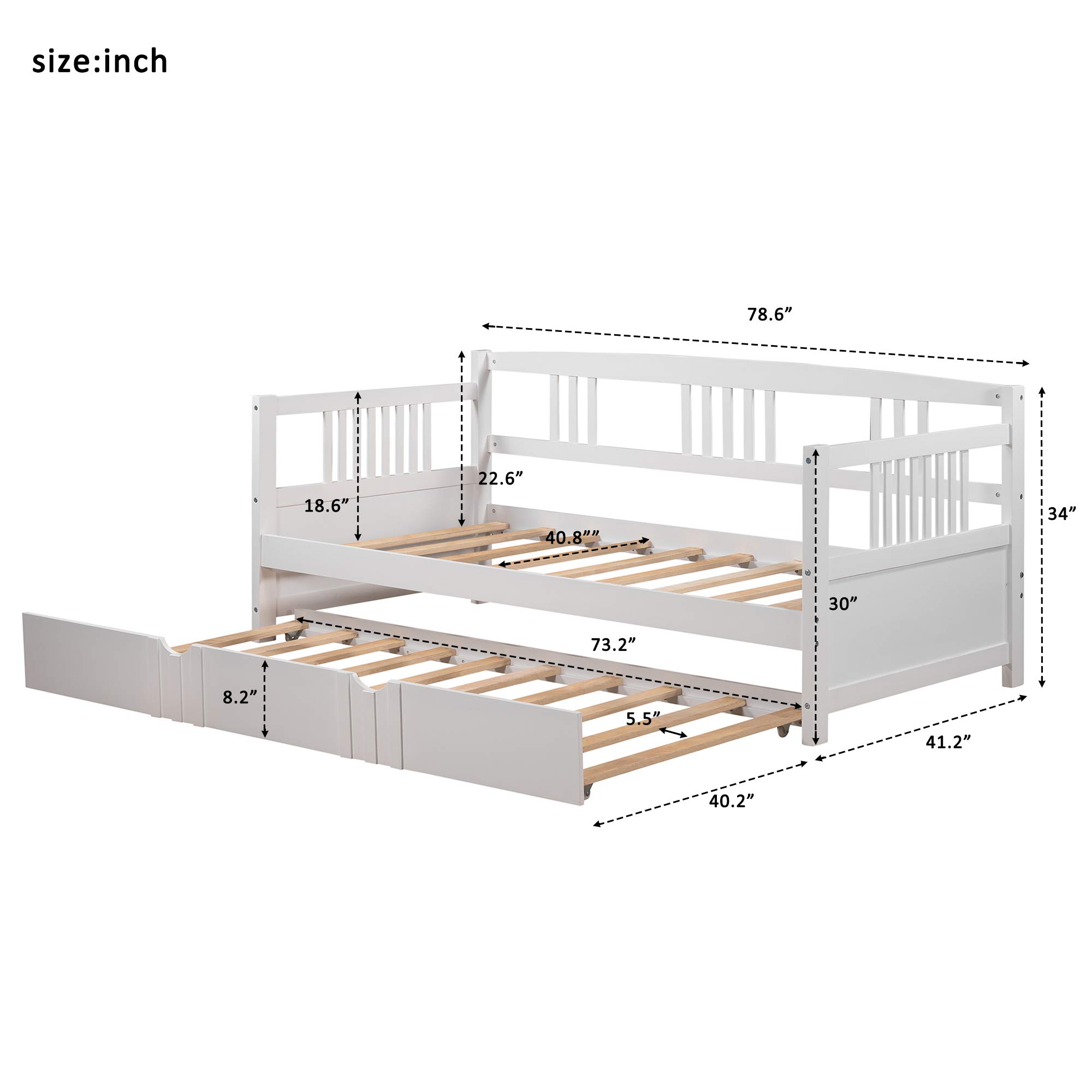 Twin Size Wood Daybed with Trundle - Solid Wood Frame, No Box Spring Needed - Perfect for Bedroom, Guest Room & Small Spaces (White, Twin)