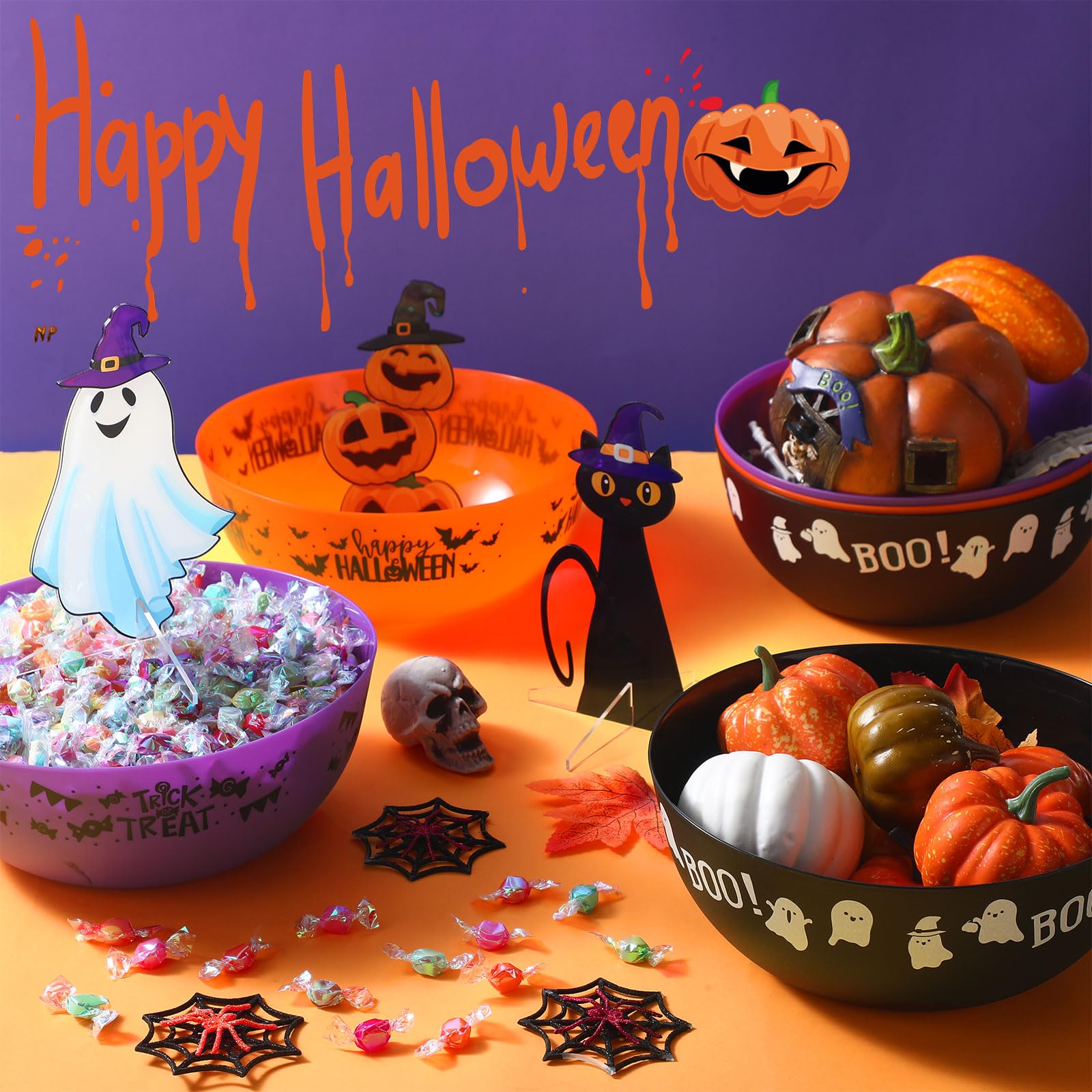 Tioncy 3-Piece Halloween Candy Bowl Set with Pumpkin & Ghost Acrylic Stand - Plastic Serving Dish for Halloween Party Decorations, Trick or Treat Supplies & Home Decor - Perfect for Candy Display, Halloween Parties & Festive Home Decorating