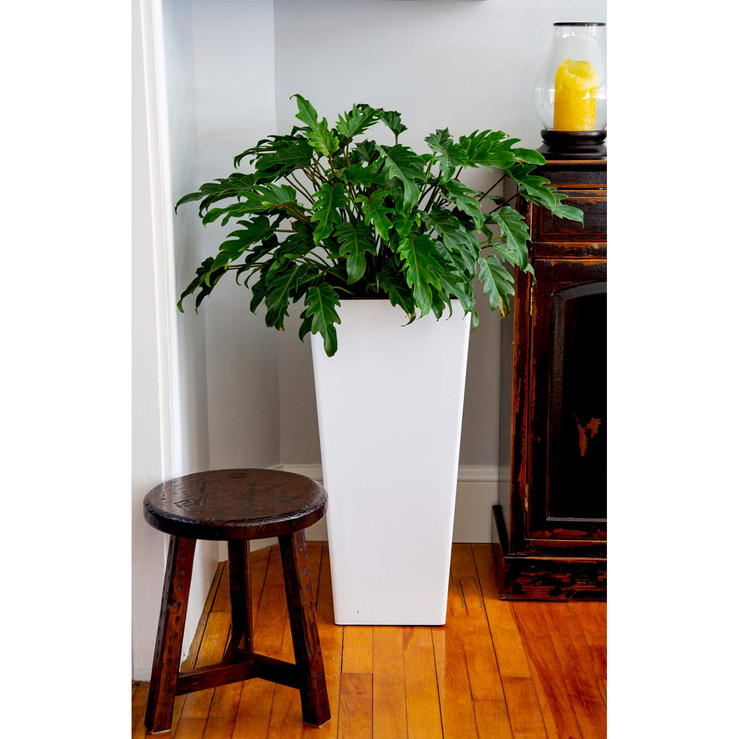 32 Inch Tall Outdoor Planter - Lightweight Self Watering Flower Pot in Glossy White for Patio, Garden & Balcony Decor