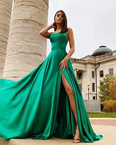 Elegant Women's Halter Prom Dresses - Long Side Split Backless Satin Formal Evening Gowns with Pockets (Brown, Size 14) | Perfect for Homecoming, Cocktail Parties & Special Occasions